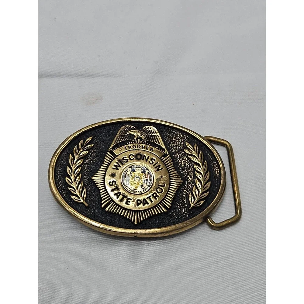Brass Wisconsin State Patrol Wsp Highway Trooper Police Vintage Belt Buckle